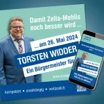 Wahlwerbung für Torsten Widder: quadratischer Flyer, Website auf Handy